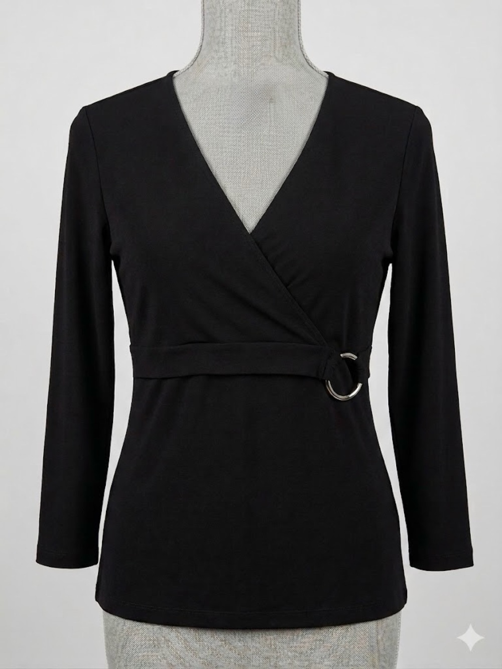 Vintage Wrap-Style Long Sleeve Top with Ring Detail